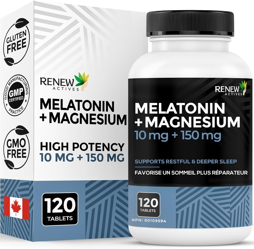 RENEW AKTĪVI Melatonīns 10MG ar magnija 150MG miega palīglīdzekli katrā pakalpojumā – atbalsta ieslēgšana miegā, relaksācija, audu formēšana un elektrolītu balanss mierīgos miegos – ražots Kanādā – 120 kapsulas