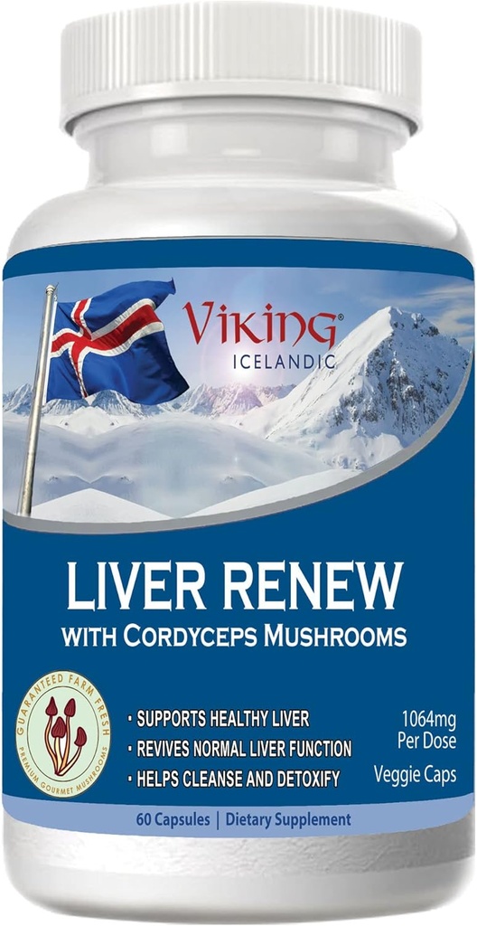 Viking Aknas Atjaunot islandiešu - Aknu Veselības Atbalsta Formula - Visaptveroša Sēņu Blend ar Cordyceps, Reisi, Šitake, Lauvas Mane, Maitake un Chaga Sēnes - 60 Veg Kapsulas