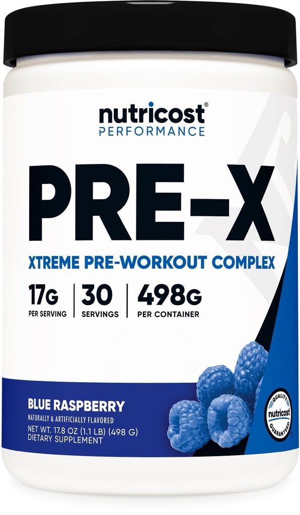 Nutricost Pre-X Xtreme pirms darba pūderu komplekss, zils aveņu, 30 Servējumi, Veģetārietis, Nav GMO un lipekļa bez