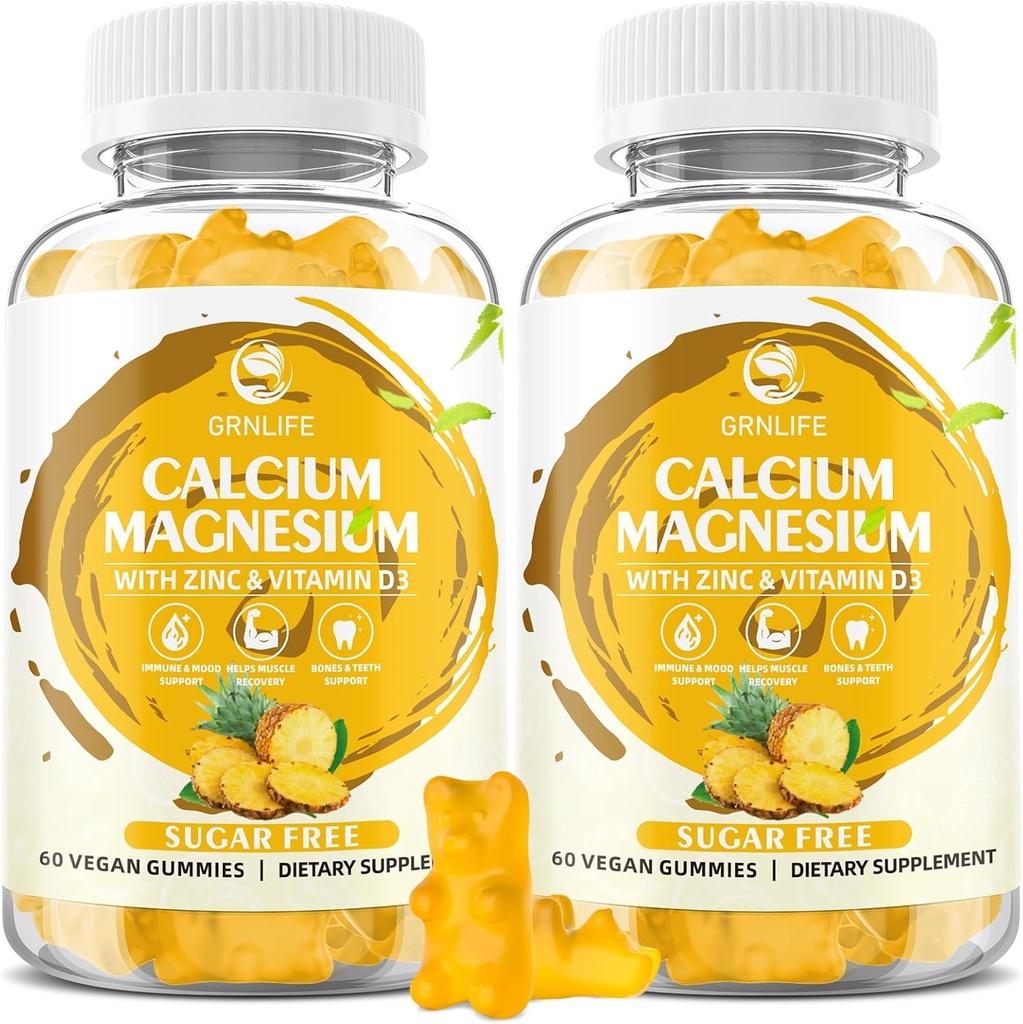Kalcija magnija cinka Gumijas ar vitamīnu D3, bez cukura kalcija Gumijas sievietēm vīriešiem, augstas potences magnijs kaulu un muskuļu un imūnās veselības, ananasu Flavor - 120 Skaits