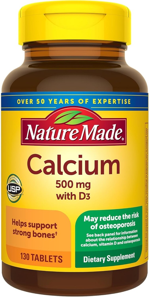 Dabā ražots kalcijs 500 mg ar vitamīnu D3, uztura bagātinātājs kaulu atbalstam, 130 tabletes