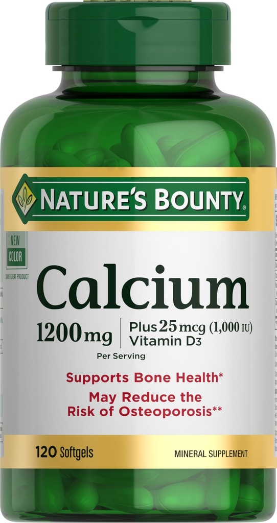 Dabas Bounty Kalcijs 1200 mg ar 1000 SV D3 vitamīna - Kaulu veselības softgeli, kalcija un D vitamīna papildinājums, bez lipekļa, 2 softgeli dienā, 120 ct (1. iepakojumā)