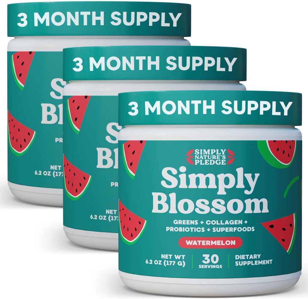 Vienkārši Blosom Nutrition Daily Greens & Superfood Pulveris + kolagēns + Probiotikas sieviešu gremošanas Veselība & Bloating Relief. Palīdzēt jūsu veselībai Bloom - 3 mēnešu piegādes - arbūzu