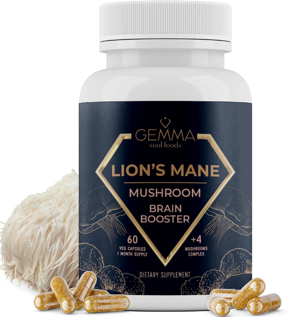 Gemma Soul Foods Organic Lion's Mane Sēņu komplekss - Non-GMO Lions Mane Papildinājums Non Tropic Chaga Shiitake un Reishi Focus Papildinājums 60 Caps