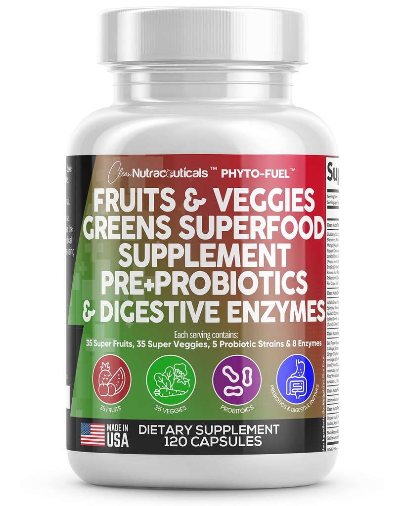 Tīra Nutraceuticals Augļi un dārzeņi Papildinājums Reds & Green Superfood - Līdzsvars vairāk 70 Augļu un dārzeņu piedevas Kapsulas ar probiotikām Prebiotikas Gremošanas enzīmi - 120 Ct ASV