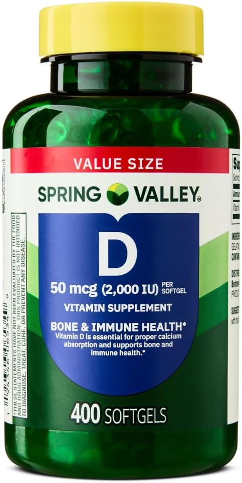 Spring Valley D3 vitamīna papildinājums Softgels, 2000 SV, 400 skaitīšana - Jauns izskats