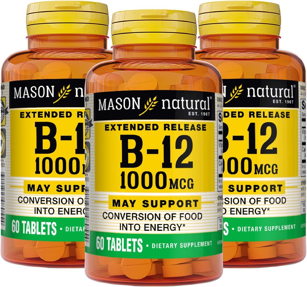 MASON NATURAL B- 12 1000Mcg Cyanocobalamin Extended Release tabletes, 60-Count pudeles (iepakojums no 3)