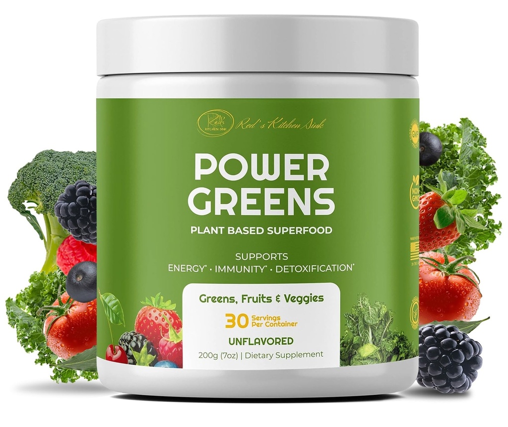 Red's Kitchen Sink Power Greens Pulveris - Ikdienas Zaļie Superfood Pulveris - Augļu, Veggie, & Green Leafy Gludināšanas Dzēriens Mix - Superfoods Maca Root, Spirulina, Chlorella, & More (200 Grams)