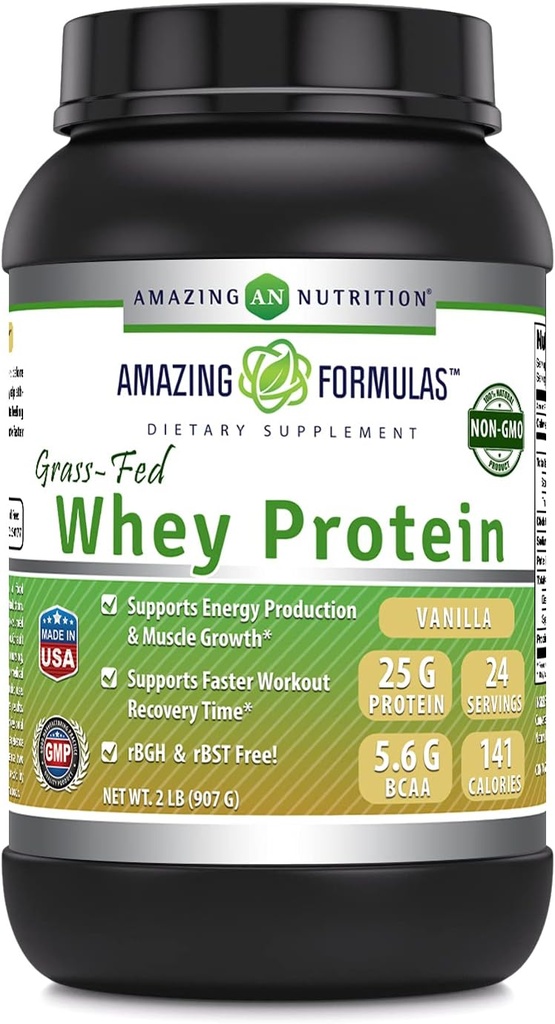 Amazing Formulas Grass-Fed Whey Protein Pulvera Papildinājums - 2 Lbs - Vanilla Flavor - Non-GMO --Lutten-Free -Ražots ASV