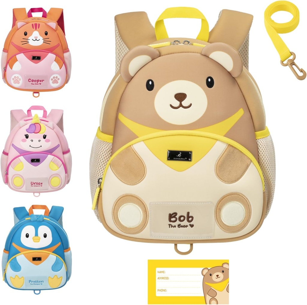BabbleRoo Toddler Mugursomas, Bērnu Mugursomas - Viegls un ērts, ūdensizturīgs Neoprēna, Leash Toddlers 1-3, Atstarojošas sloksnes Redzamībai, Dzīvnieku Mugursomas, Bob The Bear