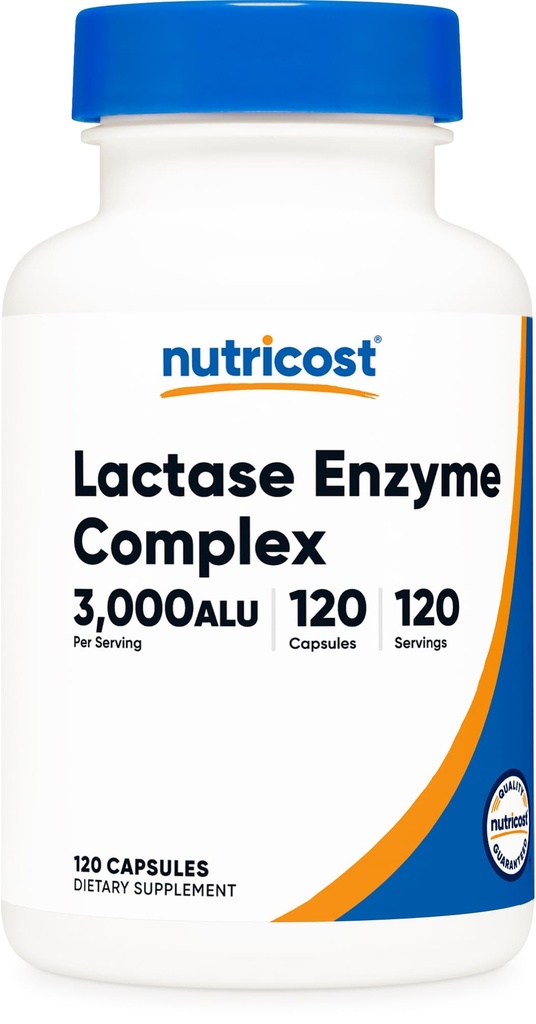 Nutricost laktāzes fermentu komplekss 3 000 FCC ALU, 120 Veģetārās kapsulas - ne-GMO, bez lipekļa, 120 Kalpojumi