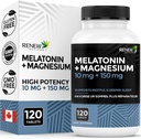 RENEW AKTĪVI Melatonīns 10MG ar magnija 150MG miega palīglīdzekli katrā pakalpojumā – atbalsta ieslēgšana miegā, relaksācija, audu formēšana un elektrolītu balanss mierīgos miegos – ražots Kanādā – 120 kapsulas