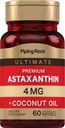 Piping rock Astaksantīns 4mg - 60 Softgels - ar kokosriekstu eļļu -- Aļģu ekstrakta papildinājums - neĢMO, bez lipekļa