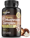 Organic Mushroom Papildinājums - Top 10 Sēnes Blend ar Cordyceps, Reishi, Maitake, Shiitake, Lions Mane & More             - Nootrops Smadzeņu fokusa atbalsts - 2600mg - 90 Kapsulas