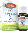 Carlson - Kid's Super Daily D3, D vitamīna pilieni bērniem, 400 SV pilienā, 1-gadīgs piedāvājums, sirds un imūnā veselība, veģetārietis, šķidri D vitamīna pilieni, nepārziepjojami, 365 pilieni