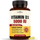 JAUNS VECUMS D3 vitamīns 5000 SV 125mcg Softgels - atbalsts Imūnsupports, spēcīga kaulu veselība - ne-GMO, bez lipekļa, bez piena produktiem,1 gada piedāvājums (360 softgeli (1. iepakojumā))