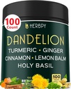 Dandelion Saknes papildinājums 7500mg 6in1 gremošanas, sirds veselības un imūnās - Blended ar ingvera, Turmeric Curcumin, Ceylon Cinnamon, Lemon Balm & Holy Basil - 100 Dandelion kapsulas