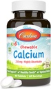 Carlson - Košļājamais kalcijs, 250 mg, viegli absorbējams, kaulu un zobu atbalsts, optimāla labsajūta, dabas Vanilla Flavor, 60 tabletes