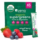 Zena Nutrition Organic Super Greens Powder, 70+ Superfoods, 0 Cukurs, 5G Fiber, Spirulina, Hlorella, Antioksidanti, Prebiotikas/Probiotikas, Gremošanas enzīmi, Jauktas berzes, 45 Dzērienu maisījumi