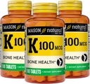 K vitamīns 100 μg, atbalsta kaulu un locītavu veselību, palīdz kalcija absorbcija, 100 tabletes, iepakojums pa 3