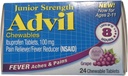 Advil Junior Košļājamās Ibuprofēns Tabletes, Vīnogu 100 mg, 24 tabletes Katra (iepakojums pa 4)