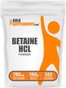 BulkSupplements.com Betaine HCl Pulveris - Betaine hidrohlorīds Papildinājums, Gremošanas atbalsts - bez lipekļa, 750mg uz vienu Kalpošanu, 250g (8,8 oz) (iepakojums no 1)