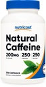 Nutricost Dabīgs kofeīns 200mg, 250 Veģetāras kapsulas - bez lipekļa, ne-GMO