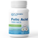 Puregen Labs Folijskābe 1000 μg Tabletes  - vitamīns B9 - ne- GMO - bez lipekļa - Ražots ASV