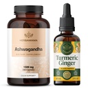 HERBAMAMA Ashwagandha un Turmeric Ginger Kit - 1500 mg Ashwagandha Root Kapsulas un Turmeric Ginger Tincture 2 fl oz - Vegan, non-GMO, Cukurs un bez alkohola - 2 iepakojumi