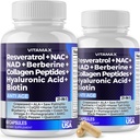 Vitamax Resveratrol NAD+ Berberine Hyaluronic Acid - Biotin Vīnogas un zilenes + NAC - Kolagēna peptīdi - Matu, nagu, ādas un locītavu papildinājums - 21-in-1 Sievietes un vīrieši - Ražots ASV - 120 Count