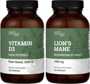 Earth Harmony Vegan vitamīns D3 5000 iu & Organic Lion's Mane 1000mg Papildinājums - 120 kapsulas Katra