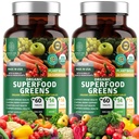 2-Pack N1N Premium Organic Green Superfood, Fruits & Veggies [28 Spēcīgas sastāvdaļas] Dabas papildinājums ar Alfalfa, Bišu saknes un tart Ķiršu enerģijai, imunitāte, Gremošana, 120 Ct