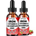 2 Iepakojums Šķidrās dzelzs papildinājums w/ vitamīns C, A, B- Complex, Vegan Dzelzs pilieni augstas potences Vitamīnu un dzelzs piedevas sievietēm, vīriešiem un bērniem - Atbalsts sarkano asins šūnu, enerģija, anēmija un nogurums