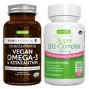 Vegan Omega-3 + Super B12-Complex 1000mcg Vegan Bundle, ilgtspējīga EPA un DHA Aļģu eļļa 1340mg + augsts Absorbcijas līmenis Sublinguālais vitamīns B12 ar metilkobalamīnu, adenozilkobalamīnu un hidroksokobalamīnu.