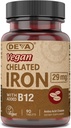 DEVA Vegan Chelated Iron ar pievienotu vitamīnu B-12, uztura bagātinātājs, 29 mg, 90 Skaits