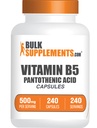 BulkSupplements.com B5 vitamīna kapsulas - kā pantotēnskābe, B vitamīna papildinājums, pantotēnskābe 500 mg - bez lipekļa, 1 kapsula uz vienu paciņu, 240 kapsulas (1. iepakojuma)