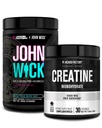 Jacked Factory X John Wick - Wick Mode Pre Workout pulveris (Baba Yaga Blue Raz, 40 Servējumi) un kreatīnmonohidrāta pulveris (Neuzliesmots, 30 Servē)
