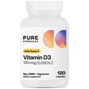 PureFormulas D3 vitamīns 5000 SV 125 μg - tīrs D vitamīns Papildinājums veselīgai kaulu veidošanai, zobiem, sirds un asinsvadu veselībai un imūnās sistēmas atbalstam Ne- GMO - 120 grāfu veģetārās kapsulas