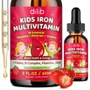 Šķidrā dzelzs papildinājums bērniem, bērniem Multivitamīnu ar dzelzs pilieni ar cinku, B vitamīna komplekss, Folāts - atbalsts asins Builder & Enerģija, dzelzs deficīts sievietēm, vīriešiem, Vegan zemeņu 2 Fl Oz