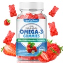 Omega 3 Gumijas sievietēm un vīriešiem un bērniem Omega 3 Papildinājumi 1200mg Vegan Omega 3 Taukskābes DHA EPA ar vitamīniem Atbalsts acu un smadzeņu veselība, bez cukura, zemeņu Flavor 60 Count