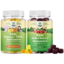 Kids DHA Omega 3 Gumijas - bez zivīm ar veģetāru 6 9 Vision Brain & Immunity un Sambucus Elderberry Gummies bērniem - Black Elderberry ar cinku un C vitamīnu Imūnu atbalstam