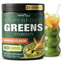 Tēja Super Greens pulvera papildinājums, Zaļš, Augļi, Dārzeņi, Vegan Drink with Spirulina, Hlorella un Vitamīni 25 Servējumi - Mango