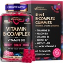 Vitamīns B-Complex Gummies sievietēm un vīriešiem - vitamīns B12, B1, B2, B3, B5, B6, B7 un B9 - B komplekss ar vitamīnu C un holīna - enerģija, smadzenes un koks - dabas Berry Flavor, Vegan - 60 Gumies 2 mēnešus