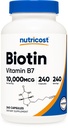 Nutricost Biotīns (B7 vitamīns) 10 000 mkg (10 mg) Vitamīnu piedevas, 240 kapsulas - Veģetārs, nesatur lipekli, ātri atbrīvo, nav GMO
