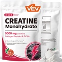 VEV kreatīnmonohidrāts sievietēm Pulveris 5000 mg ar kolagēnu un BCAAs 2:1:1 – kreatīns sievietēm, atbalsta muskuļu definīcija, reģenerācija un enerģija – negaistošs, bez cukura, 9,5 oz, 30 Kalpo