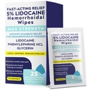 Hemorrhoid Wipes with 5% Lidocaine | Hemorrhoid Treatment for Pain, Itching, Burning & Swelling | Fast-Acting Numbing Comfort | Flushable Wipes Individually Wrapped Glycerin Protectant | 25 Count