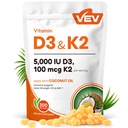 VEV Corefeel vitamīns D3 K2, 5000 SV D3 100mcg K2 (MK 7), 300 softgeli, 2-in-1 vitamīnu D & K papildinājums ar kokosriekstu eļļu, atbalsta kalcija uzsūkšanos un kaulu veselību, viegli norīt