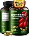 Berberine HCL 1500mg with Ceylon Cinnamon & Chromium | Supports Metabolic & Hormonal Health, Steady Energy - Vegan, Non-GMO, Gluten-Free, 360 Capsules