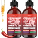 Cayenne Pepper Supplement Liquid Drops + Hawthorn Berry, Vitamin D3 K2 Beet Root Powder, Ceylon Cinnamon, Turmeric Curcumin, Organic Panax Ginseng - 4oz