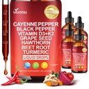 VivoNu Cayenne Pepper Softgels Supplement, Supports Leg Vein, Heart and Blood Vessel Health, with Vitamin E D3+K2 and Extracts of Grape Seed, Hawthorn, Beetroot, Berberine (Drops /4 Bottle)